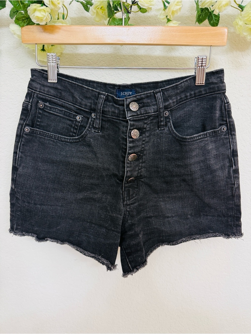 J. Crew • Black Wash High Rise Button Fly Raw Hem Denim Shorts Size 27